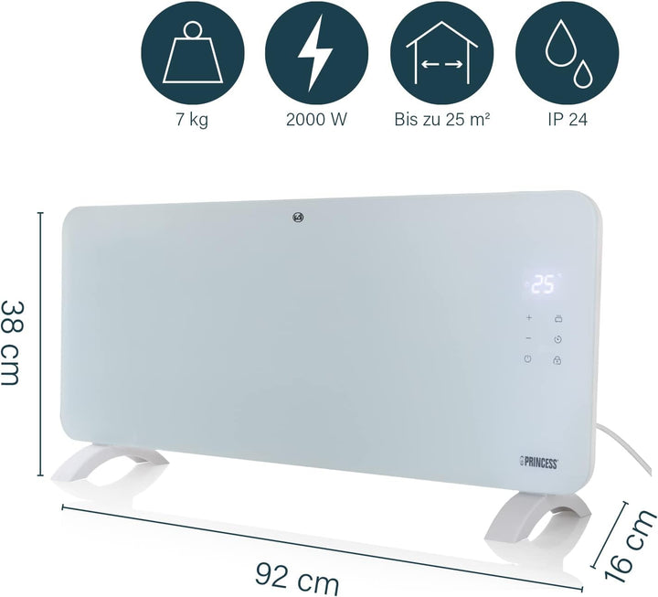 Princess Smarte Konvektorheizung – 1500 W – Steuerbar über kostenlose App – Glaspaneel – wandmontier