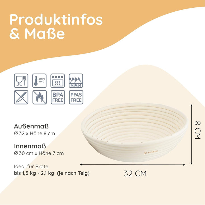 Backefix Gärkorb rund 30 cm gross | rundes Gärkörbchen für grosse Brote bis 1800g Teig | mit Leinent
