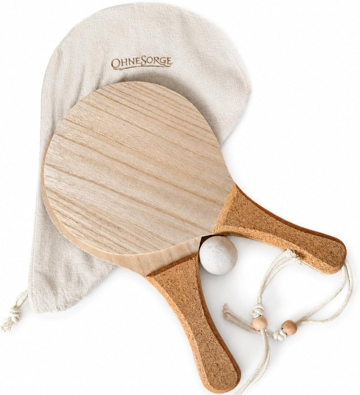 OhneSorge Strandtennis Set aus Holz mit Korkgriff – Beachball Set mit 2 Schlägern, Weizenstroh Ball