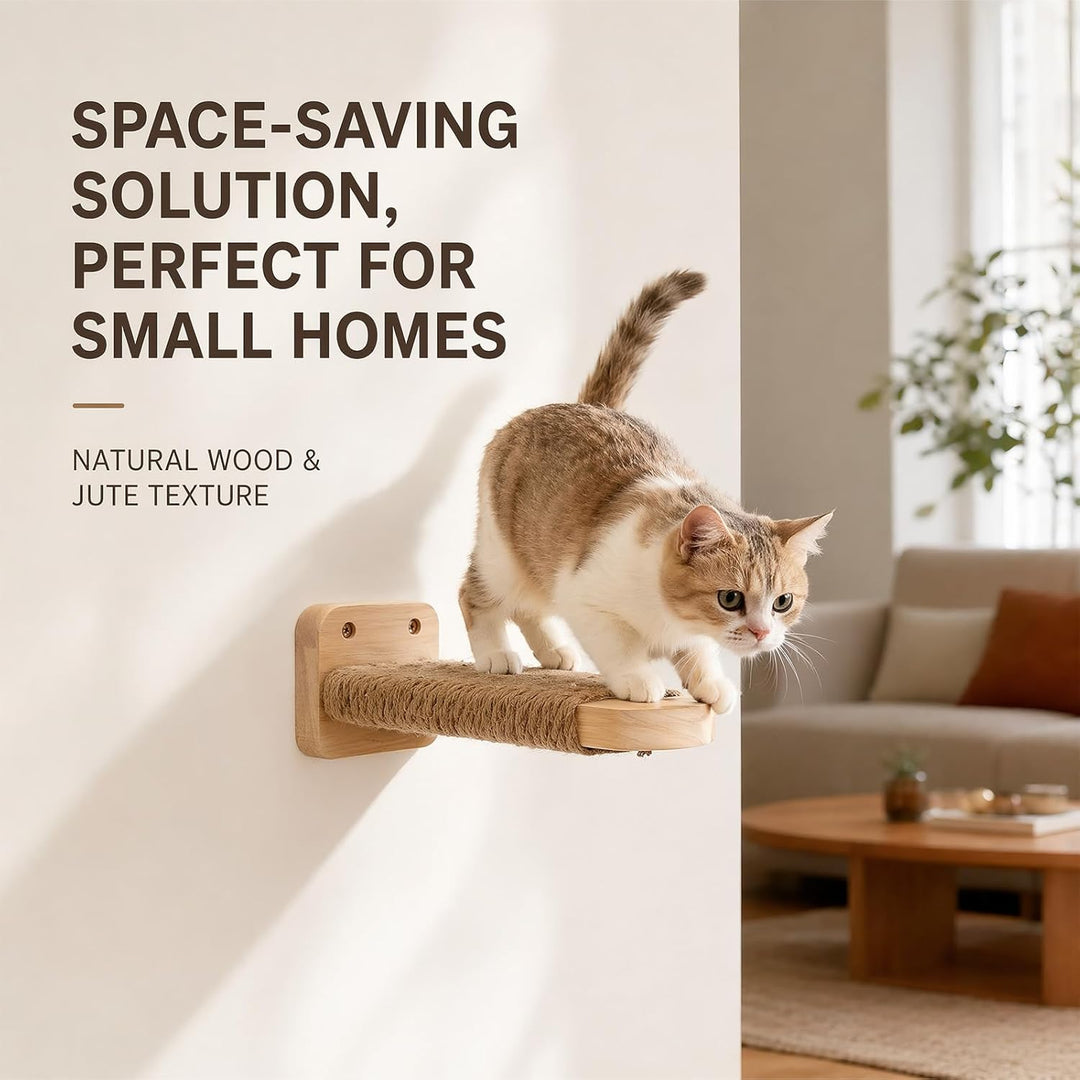 Katzentreppe Wand 2er-Pack, Katzenleiter aus Massivholz mit Juteseil, Kletterwand Katzen, Kratzfunkt