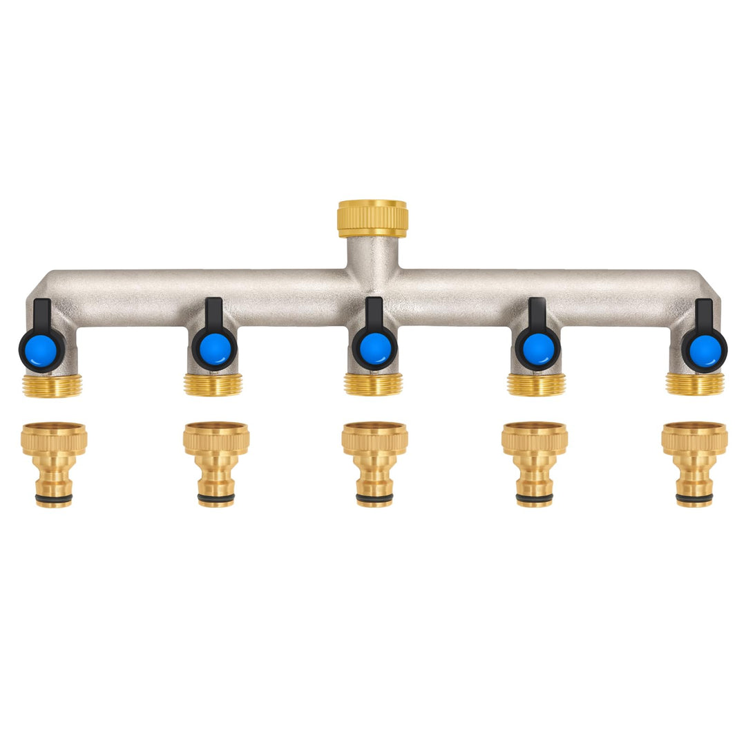 5-Wege Wasserhahn Wasserverteiler aus Messing für 5 Geräte/Gartenschläuche, 5er Verteiler 3/4" Adapt