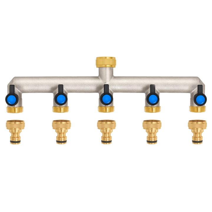 5-Wege Wasserhahn Wasserverteiler aus Messing für 5 Geräte/Gartenschläuche, 5er Verteiler 3/4" Adapt