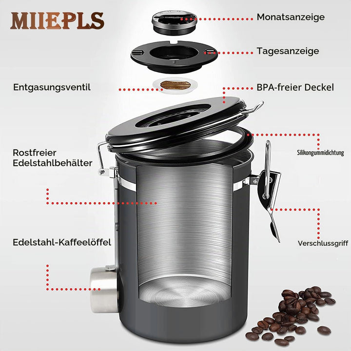 Miepls Kaffeedose aus Edelstahl, Vakuumdicht 1,8L, Speichert Kaffee frisch