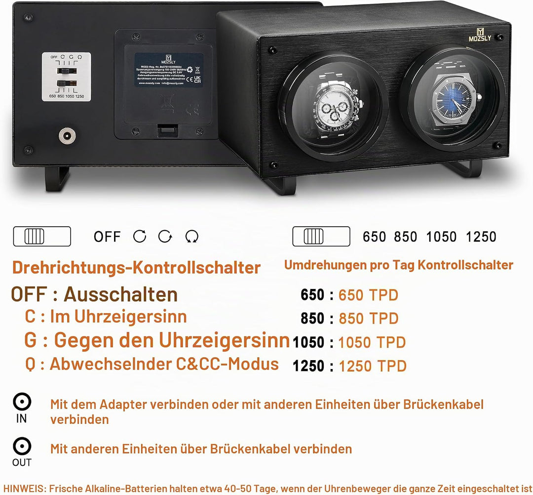 MOZSLY Doppel Uhrenbeweger für Automatikuhren mit leisem Motor Grau Hanf Baumwoll Gewebe Ganz in Sch