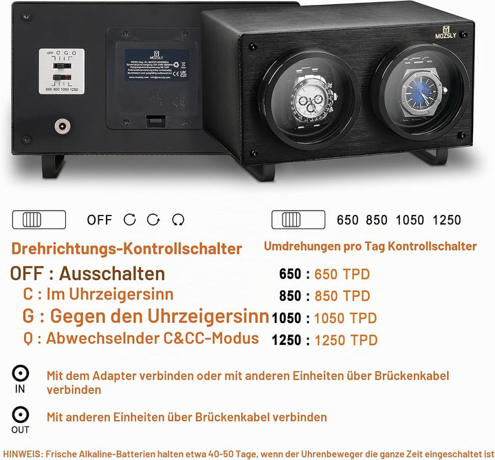 MOZSLY Doppel Uhrenbeweger für Automatikuhren mit leisem Motor Grau Hanf Baumwoll Gewebe Ganz in Sch
