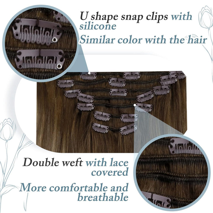 RUNATURE Clip in Extensions Echthaar Balayage Braun 30cm Gerade Echthaar Extensions Clip Braun Ombre