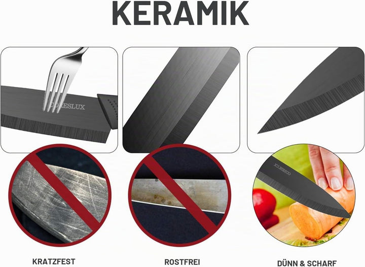 CORESLUX Keramikmesser Set, 4 Keramik Küchenmesser Set mit 1 Sparschäler, Antihaftbeschichtet, Schar