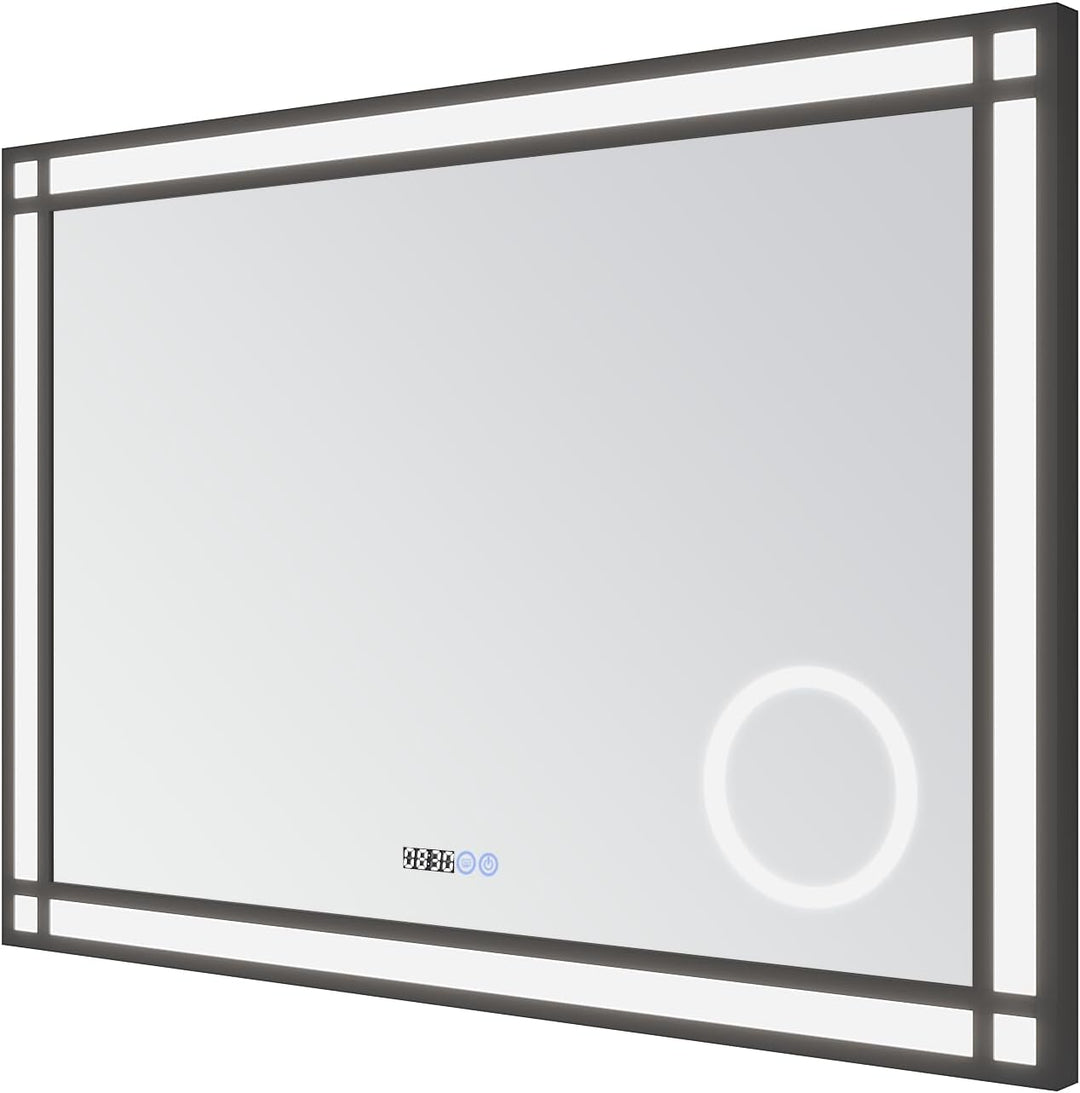 AQUABATOS Badspiegel mit Beleuchtung und Uhr Schwarzer Rahmen Fensteroptik 100x70cm, Badezimmerspieg