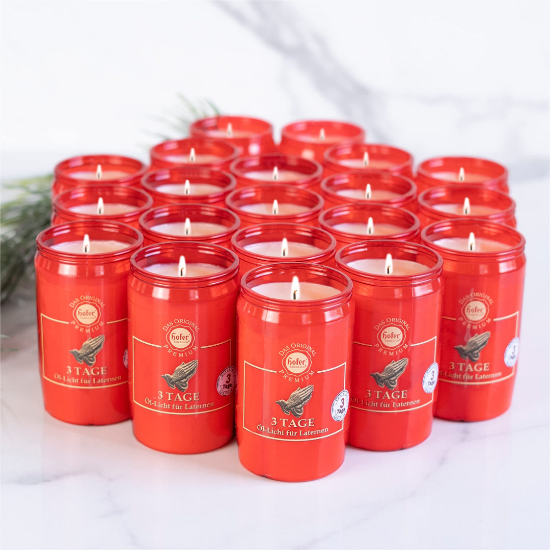 20er Set HOFER Premium Öl-Licht [rot] 3 Tage Brenndauer | Trauerlicht für Grablaterne | Grablicht, F