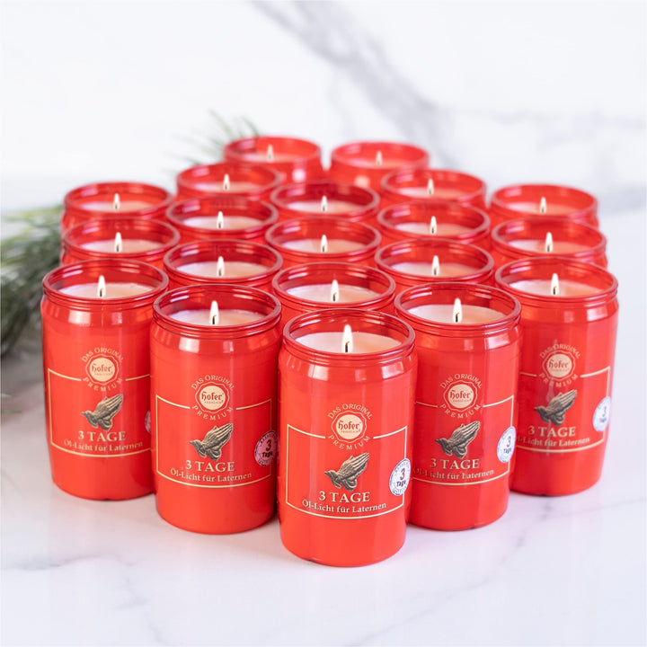 20er Set HOFER Premium Öl-Licht [rot] 3 Tage Brenndauer | Trauerlicht für Grablaterne | Grablicht, F