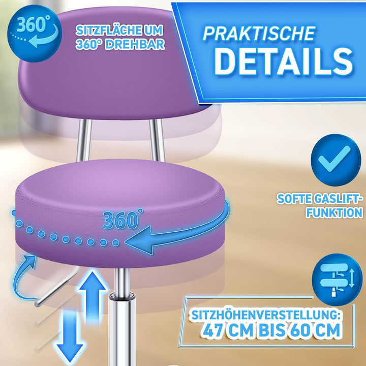 TRESKO® Rollhocker mit Lehne höhenverstellbar 10cm Dicke Polsterung Drehbar | Hocker 46-58cm | Arbei