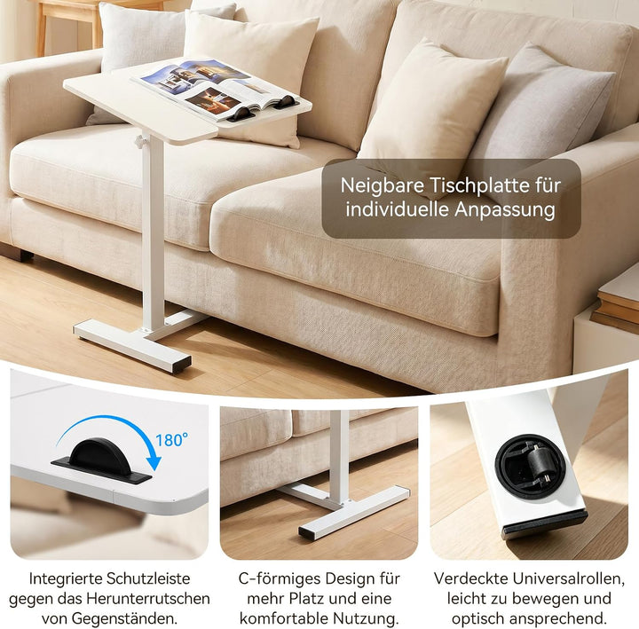 Beistelltisch mit Rollen, höhenverstellbarer Laptoptisch im C-Form Design, mobiler Sofatisch & Bettt