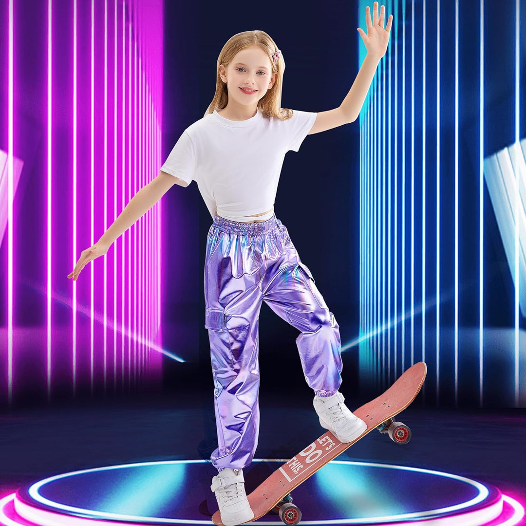 Rolanko Cargo Hosen für Mädchen, Metallische Tanz Hip Hop Hosen für Kinder Mit Elastischem Bund, Ret