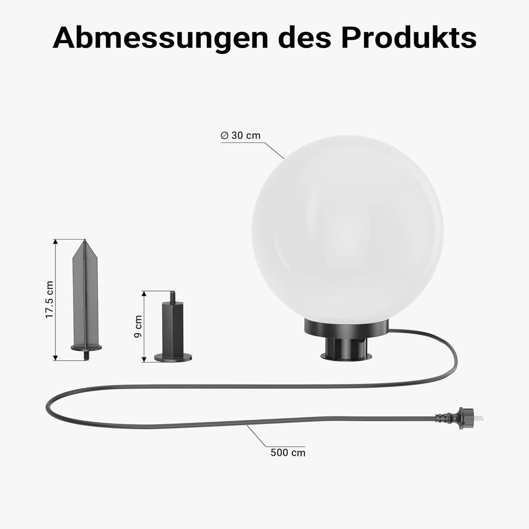 Wiltec Outdoor-Kugelleuchte Ø30 cm, Gartenleuchte mit Erdspiess, IP44 Aussenleuchte, 40W E-27 Fassun