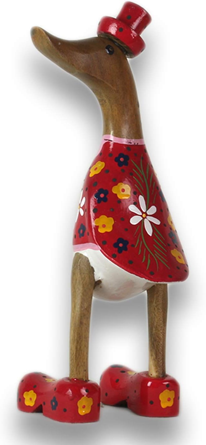 ART-CRAFT Holz Ente Lauf Ente Gartendeko Figur aus Bambus Wurzel und Teak Holz mit Blumen Motiv verz