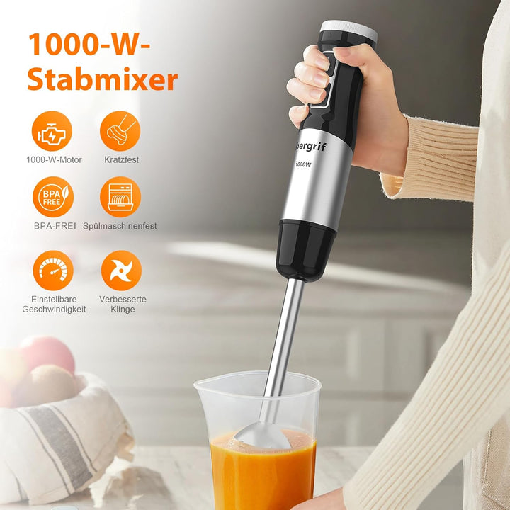 Ibergrif Stabmixer 1000W Edelstahl mit stufenloser Geschwindigkeitsregelung und Turbo Taste, Elektri