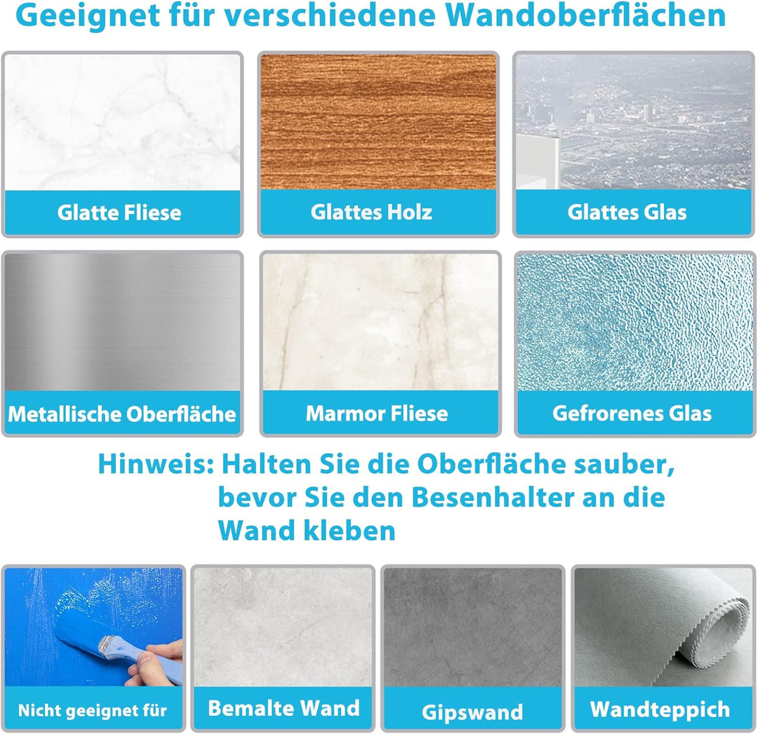 HOMEASY Besenhalterung Wand Selbstklebend 4 Stück Besenhalter Einzeln Gerätehalter mit Haken Ohne Bo