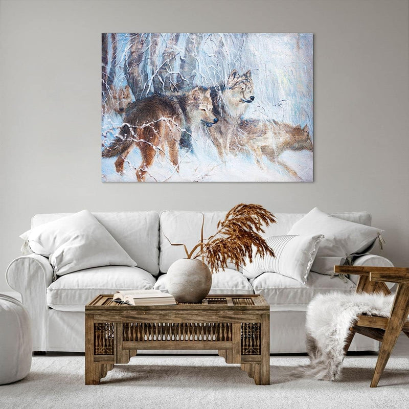 Bilder auf Leinwand 100x70cm Leinwandbild mit Rahmen Wolf Tier Wald Gross Wanddeko Bild Schlafzimmer