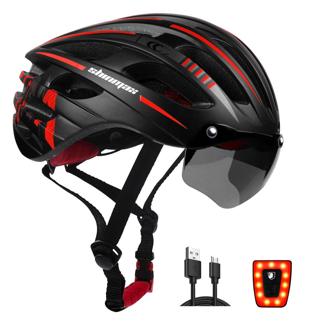 Shinmax Fahrradhelm Herren Damen mit Visier, Magnetischer Abnehmbarer Schutzbrille und USB-Aufladung