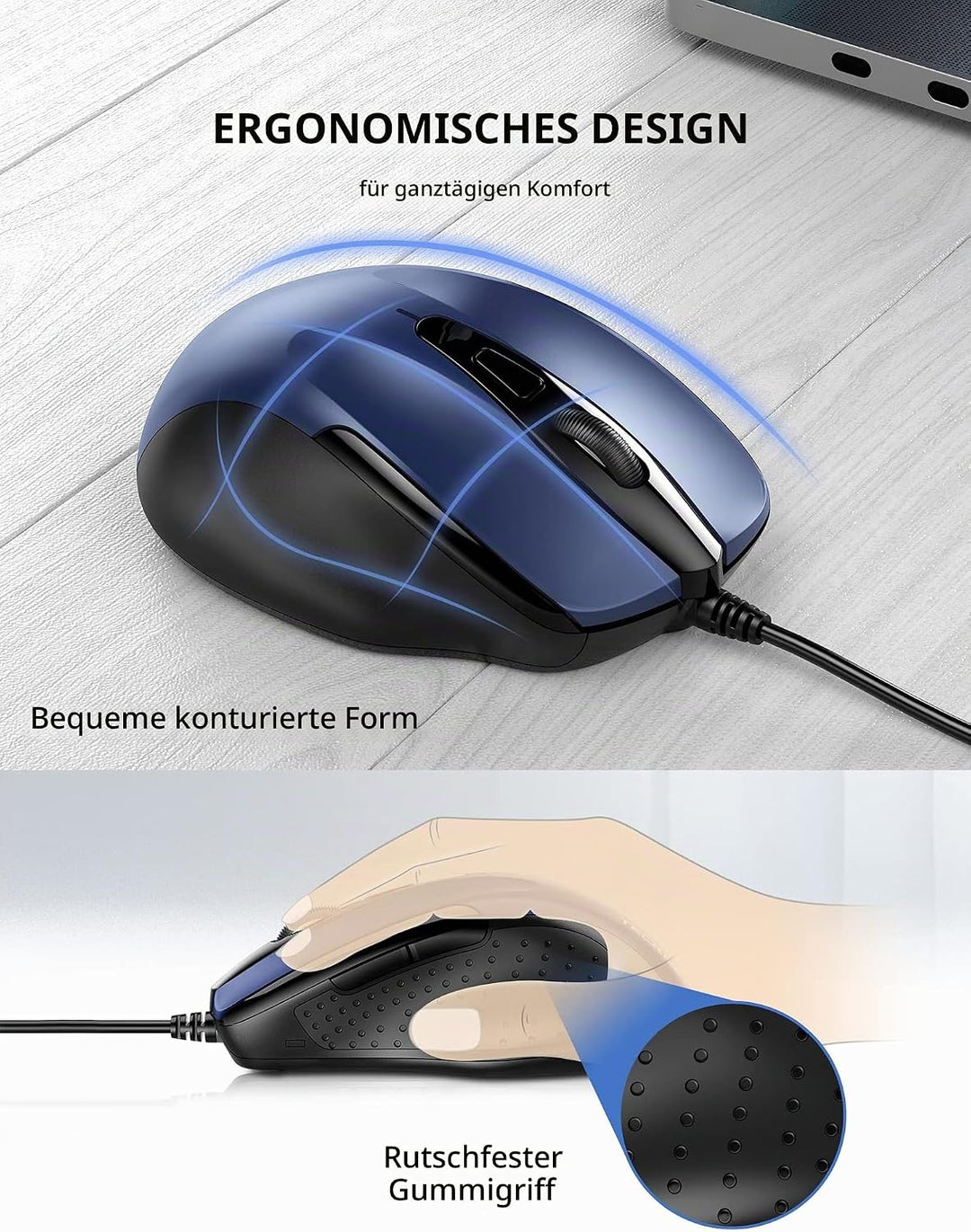 TECKNET Maus mit Kabel, Optical Business Mouse Verdrahtete Ergonomische Maus mit 6 Tasten, 2 Verstel