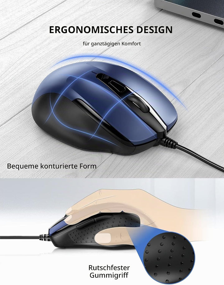 TECKNET Maus mit Kabel, Optical Business Mouse Verdrahtete Ergonomische Maus mit 6 Tasten, 2 Verstel