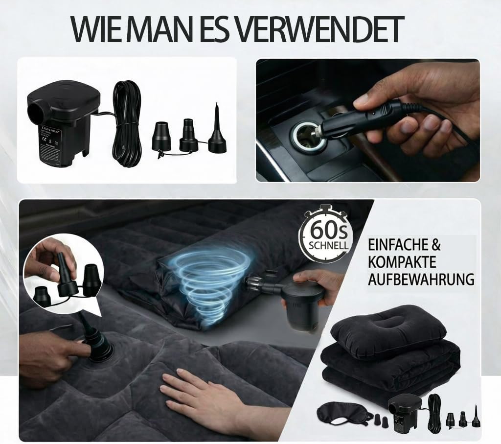 Auto Matratze, Schwarz Auto Luftmatratze,Ausgestattet mit zwei Kissen und einer aufblasbaren Pumpe,