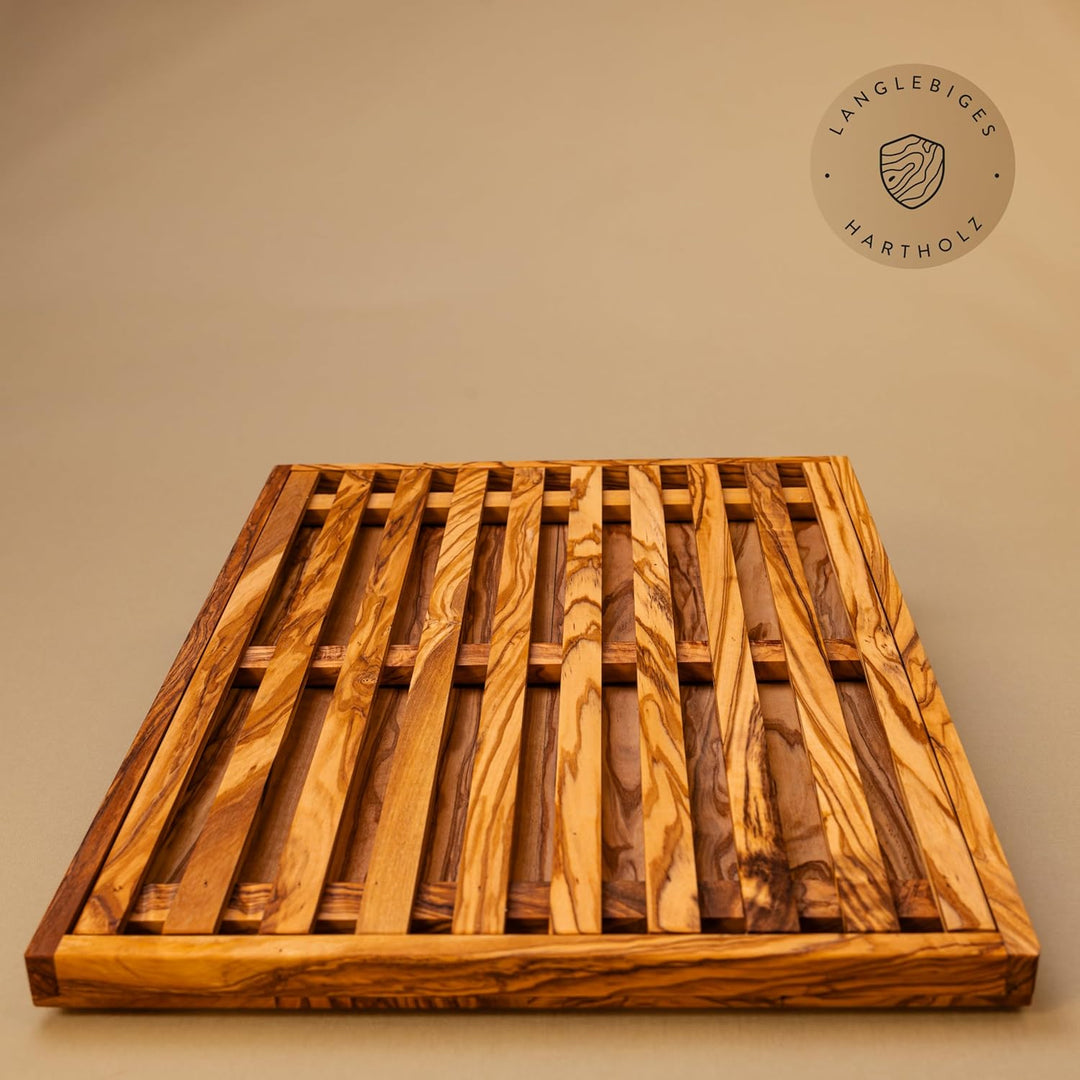 DAS OLIVENHOLZBRETT® Brotschneidebrett/Brotbrett mit Auffangbehälter/Krümmelrost 35cm x25cm 35L x 25