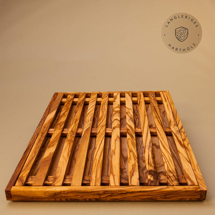 DAS OLIVENHOLZBRETT® Brotschneidebrett mit Auffangbehälter 31cm x25cm 30L x 25B cm, 30L x 25B cm