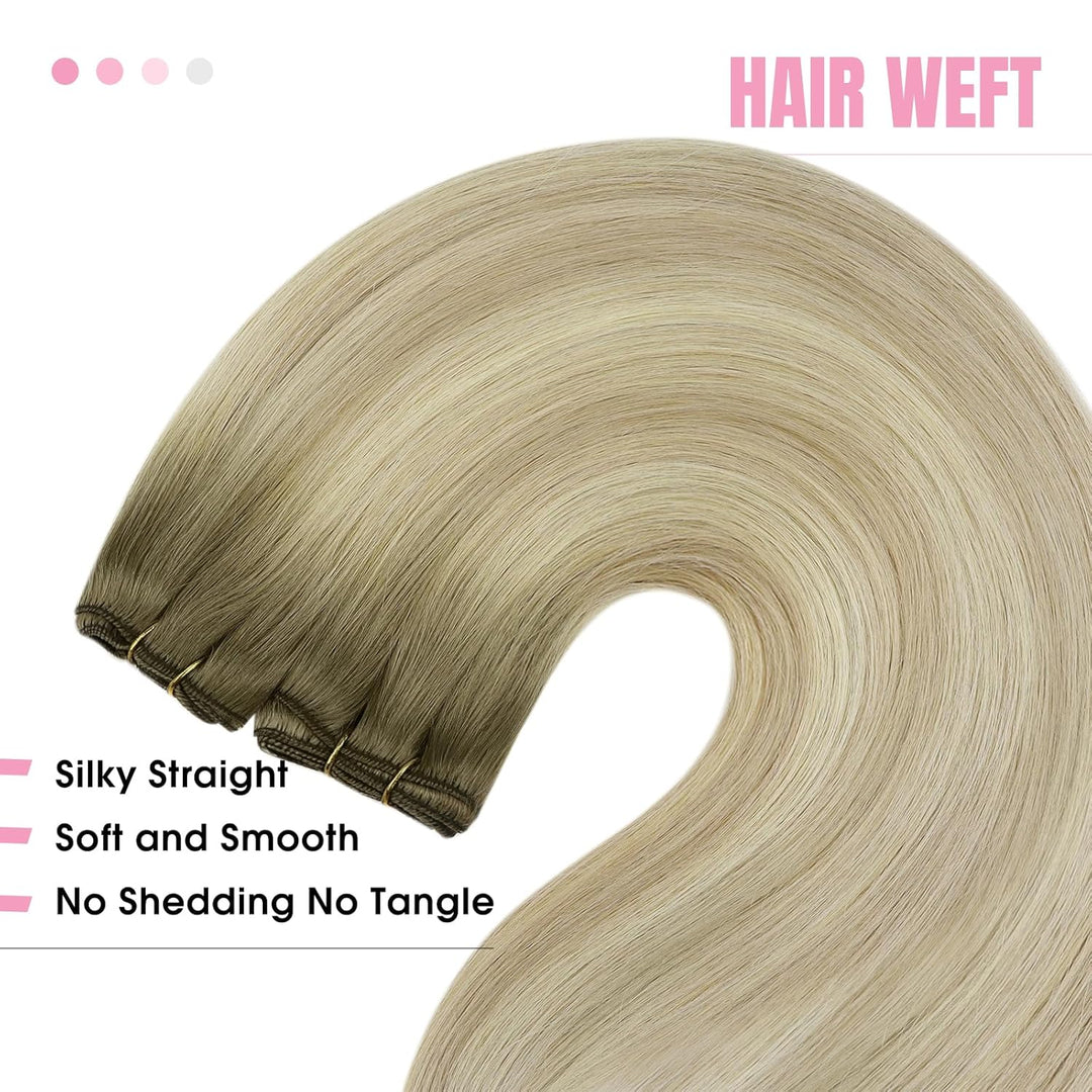 YoungSee Echthaar Tressen zum Einnahen Blond 55cm Tressen Echthaar Aschblond Ombre Blond Haartressen