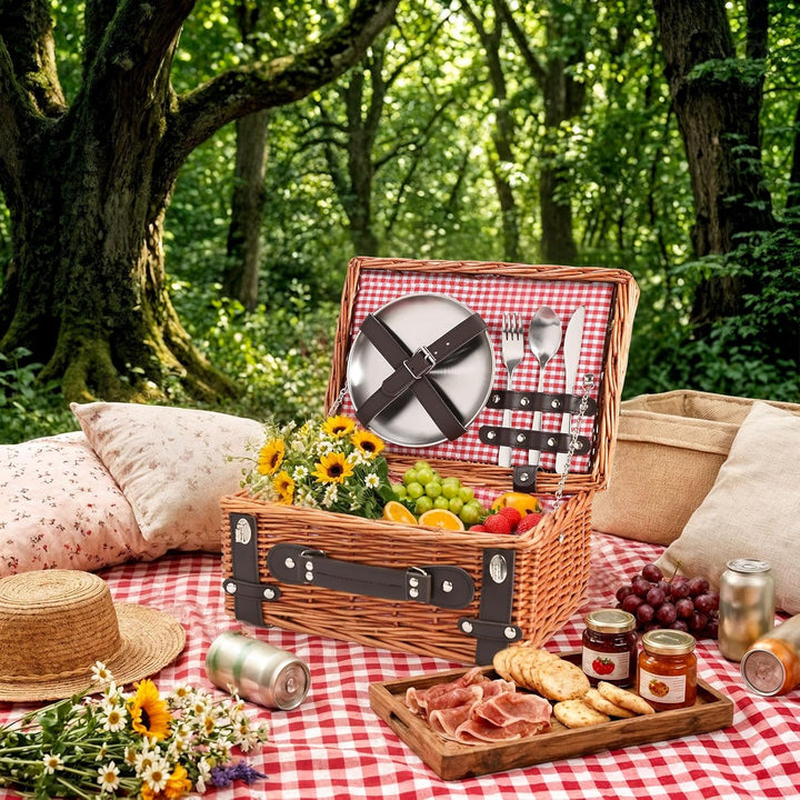 Weiden-Picknickkorb für 2 Personen, Weidenkorb mit Wasserfester Picknickdecke und Besteckset, Pickni
