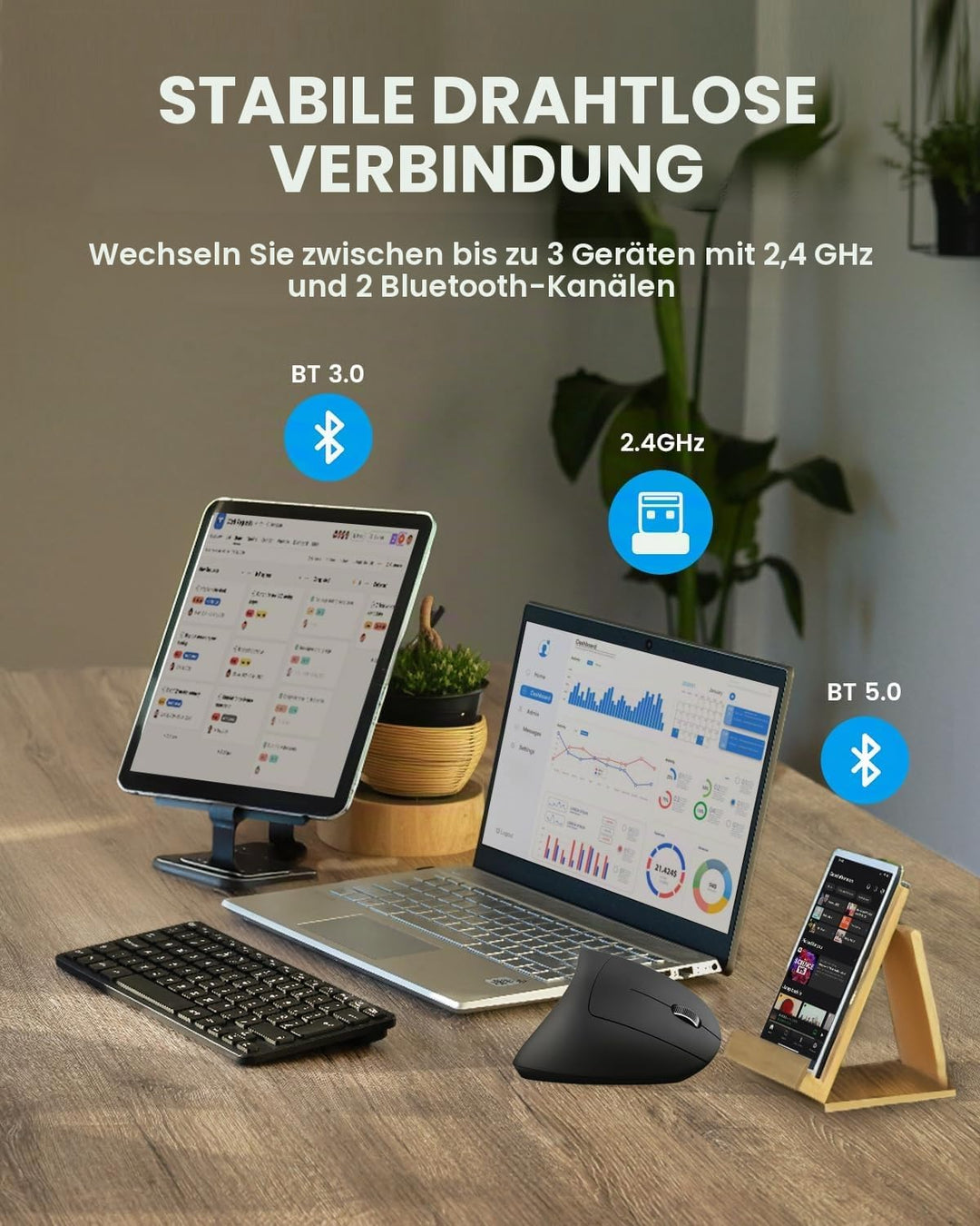 Perixx PERIMICE-813RX Kabellose Ergonomische Vertikale Maus, Multi-Device-Konnektivität, Wiederaufla