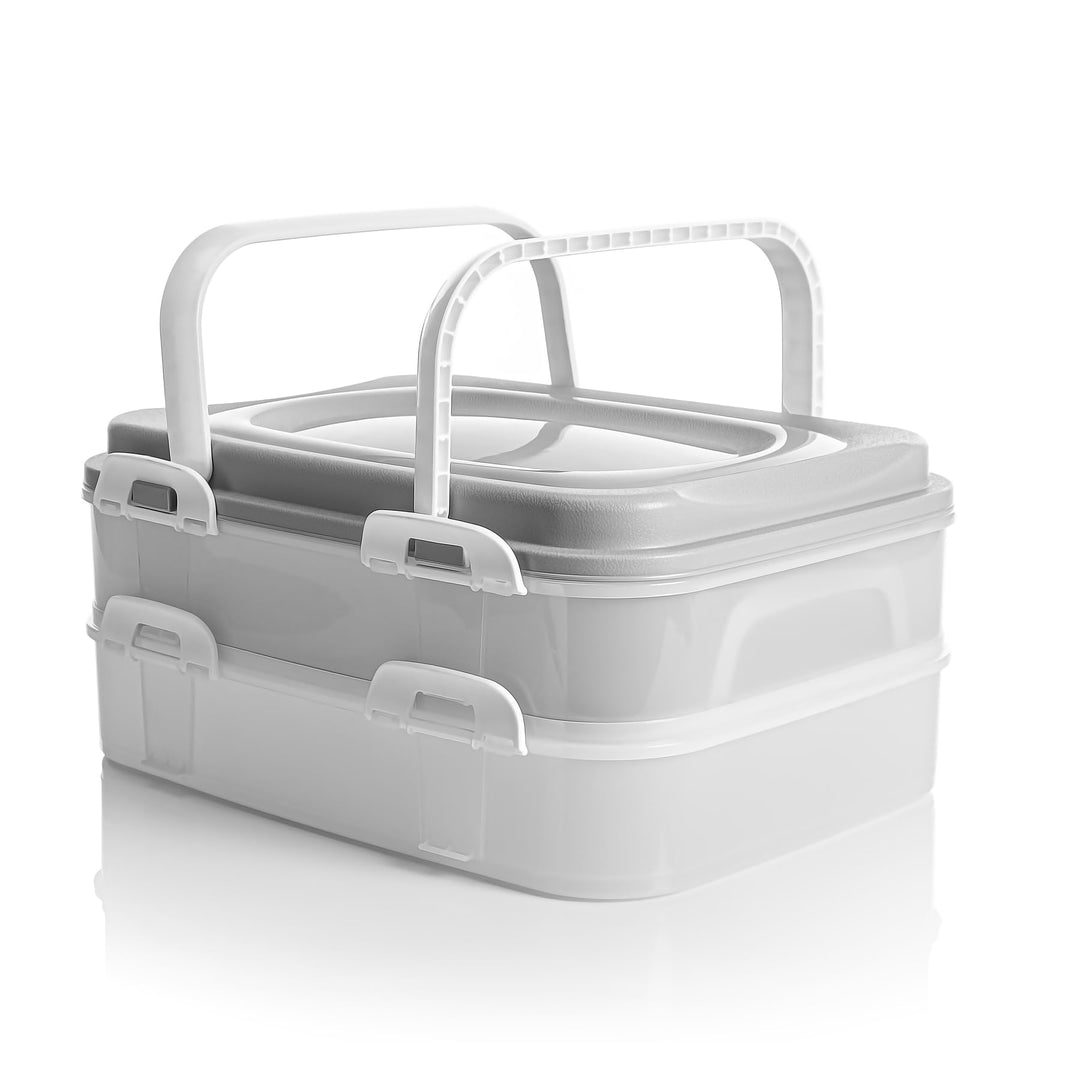 BigDean Partycontainer mit 2 Etagen und Hebeeinsatz in Pastell Grau – für Backwaren, Snacks &amp; Kuchen