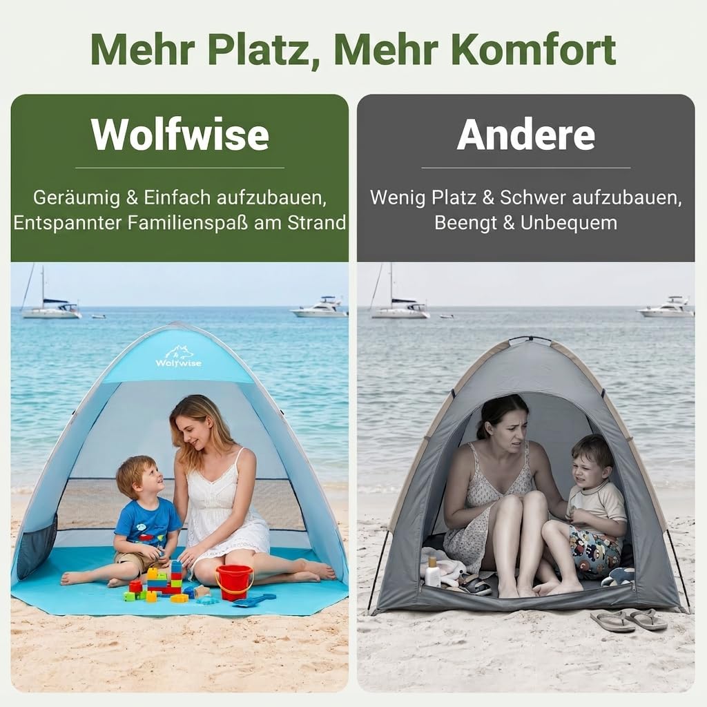 Wolfwise Strandmuschel Pop Up, UPF50+ Sonnenschutz, tragbar mit Tragetasche, sofortiger und einfache
