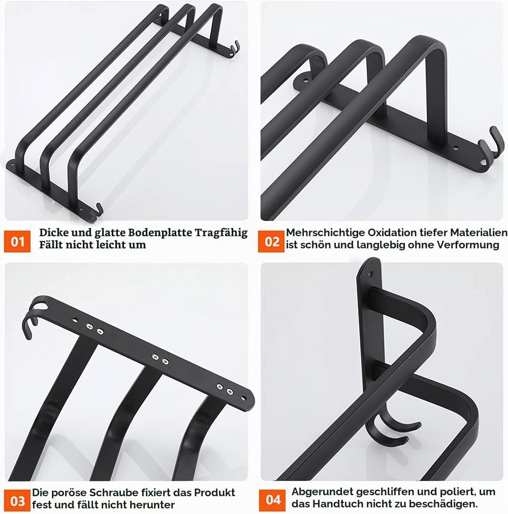 Handtuchhalter, Aluminium Handtuchregal, Wandmontage 3-Stöckig Handtuchstange mit Haken 80CM Schwarz