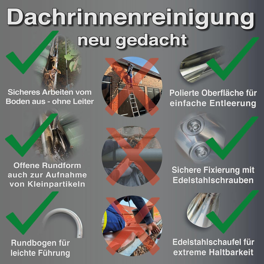 FenWi 4m Teleskop Dachrinnenreiniger Set mit Teleskopstange Edelstahl-Schaufel und Dachrinnenbürste