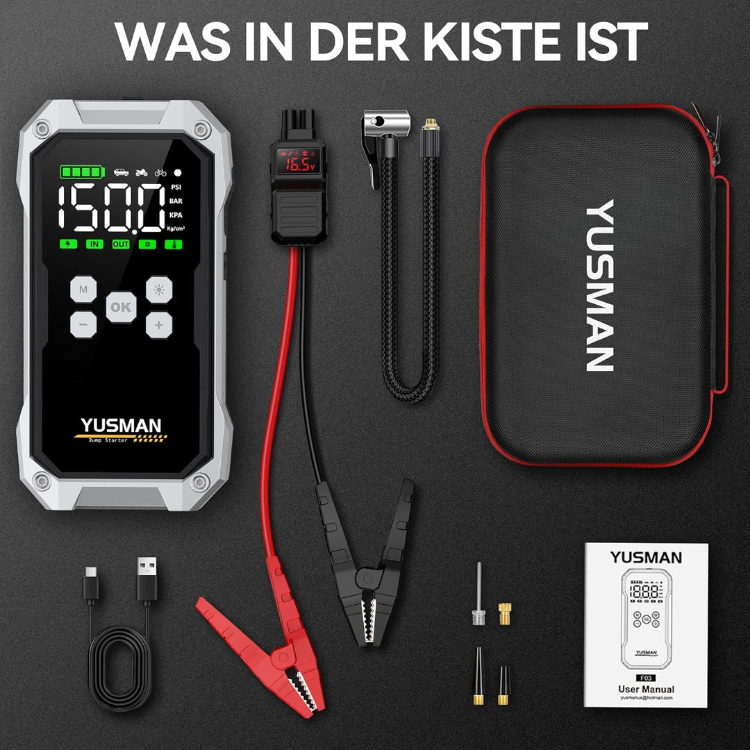 YUSMAN Starthilfe Powerbank mit Kompressor | 8000A Auto Starthilfe für alle Benzinmotoren & 7L Diese