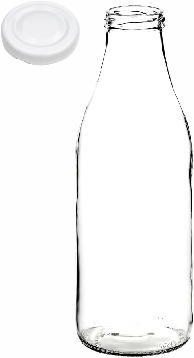 gouveo 20er Set Saftflasche 1000 ml mit Schraub-Deckel weiss - Grosse Glasflasche 1 Liter mit TO48 V