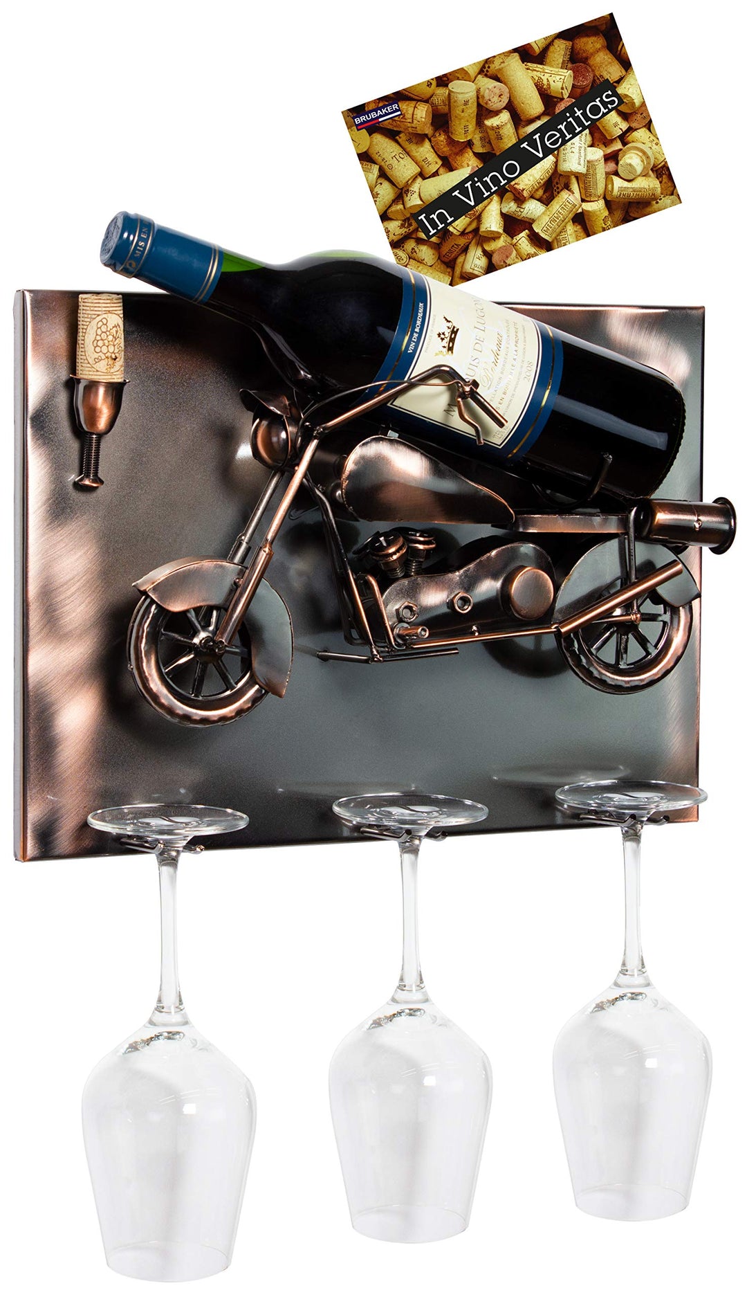Brubaker Weinflaschenhalter Motorrad - Wall Art Bild Metall - mit 3 Glashaltern - inklusive Grusskar
