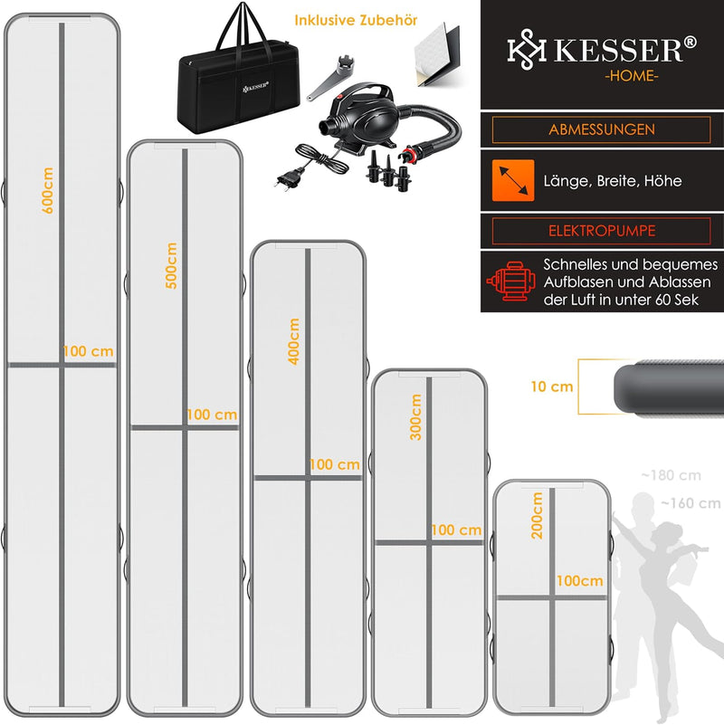 KESSER® Turnmatte Aufblasbar Airtrack Fitness-Matte Gymnastikmatte | inkl. Tragetasche & elektr. Luf