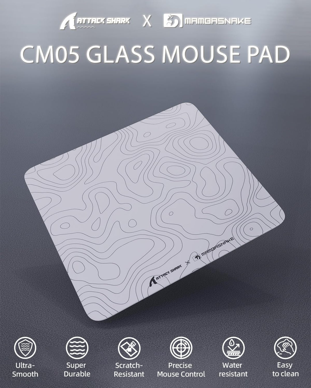 MAMBASNAKE x ATTACK SHARK CM05 Contour Glass Hard Gaming Mousepad,Nano-Micro-Etched Texture,Smooth G