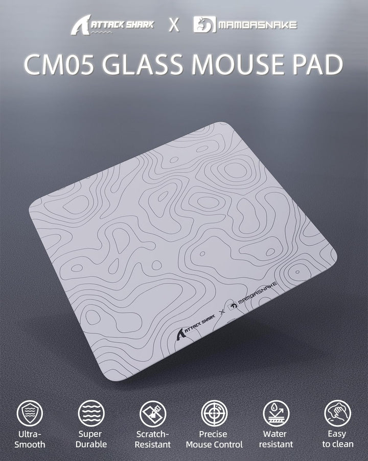 MAMBASNAKE x ATTACK SHARK CM05 Contour Glass Hard Gaming Mousepad,Nano-Micro-Etched Texture,Smooth G