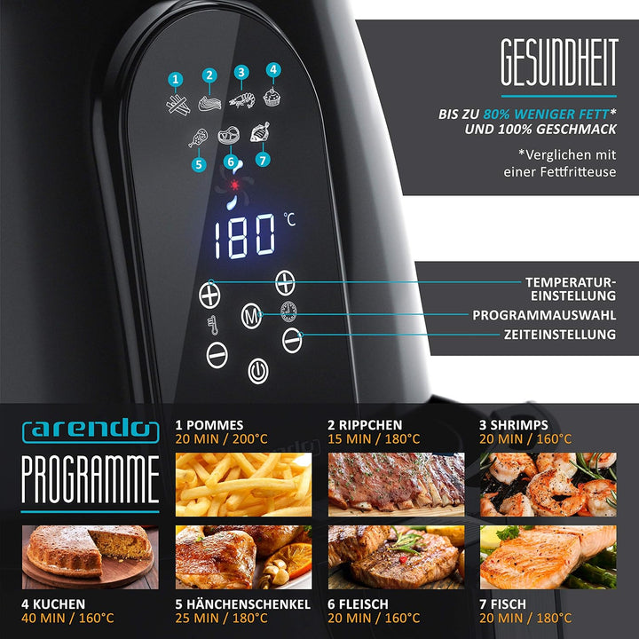 Arendo - Heissluftfritteuse XXL 5,2 Liter - Airfryer - Touch Bedienfeld mit Sensortasten - Frittiere