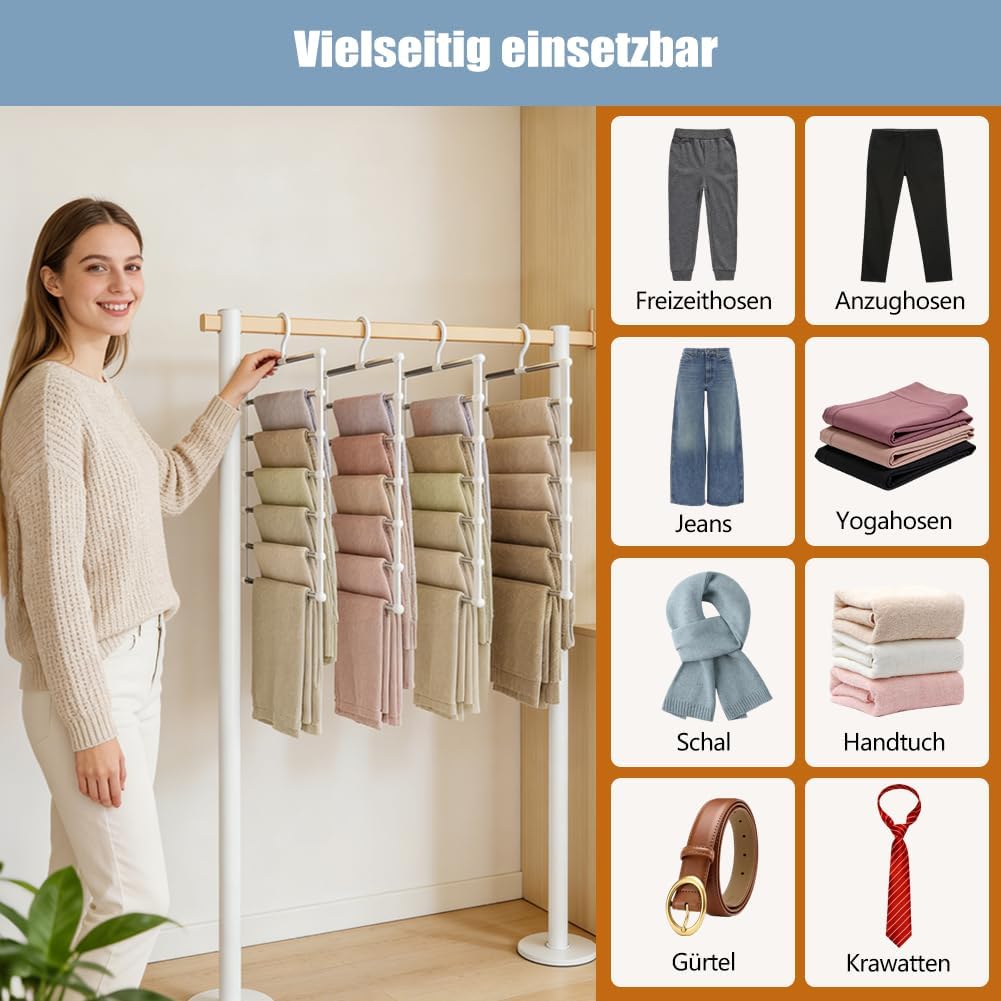 4 Stück Hosenbügel Platzsparend mit 2 Kleidersäcken 60x120cm, 6 Etagen Edelstahl Bügel, Klappbar Rob