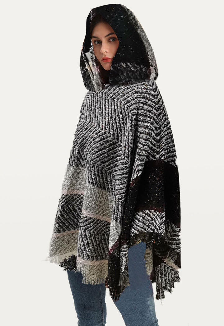 JFAN Knitted Ponchos With Fringes For Women Strick Ponchos Capes Hooded Scarf Warm Poncho Hellgrau,
