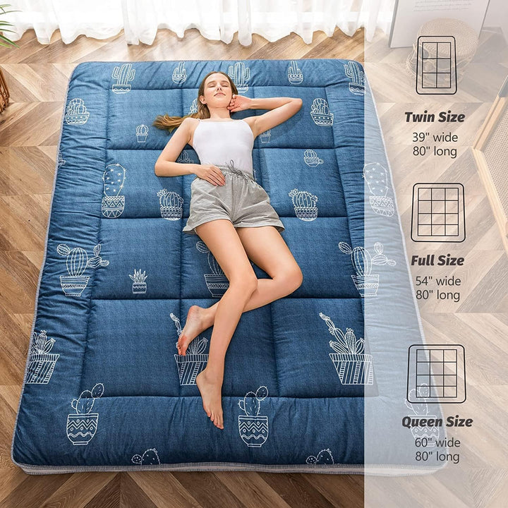 MAXYOYO Graue Futon-Matratze mit Kaktus-Muster, japanische Bodenmatratze, Doppelbettgrösse, gesteppt