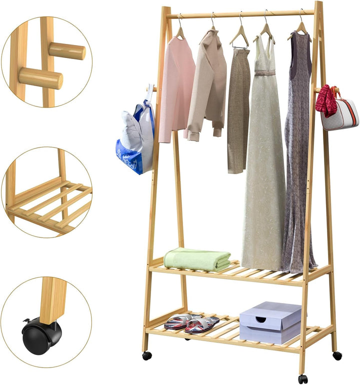 Casaria® Bambus Kleiderständer auf Rollen stabile Kleiderstange mit Ablagen & Haken platzsparender G