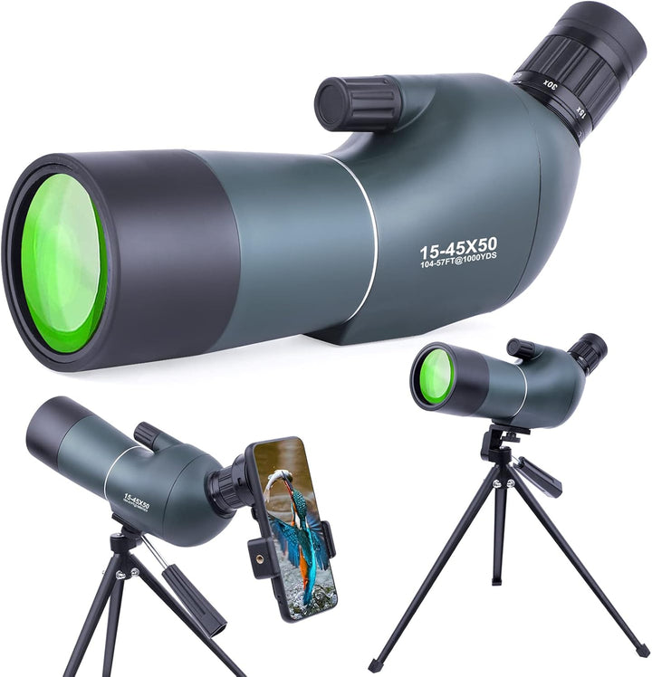 15-45x50 Spektiv mit Stativ, Tragetasche und Smartphone Adapter, HD Wasserdichtes Monokularfernrohr