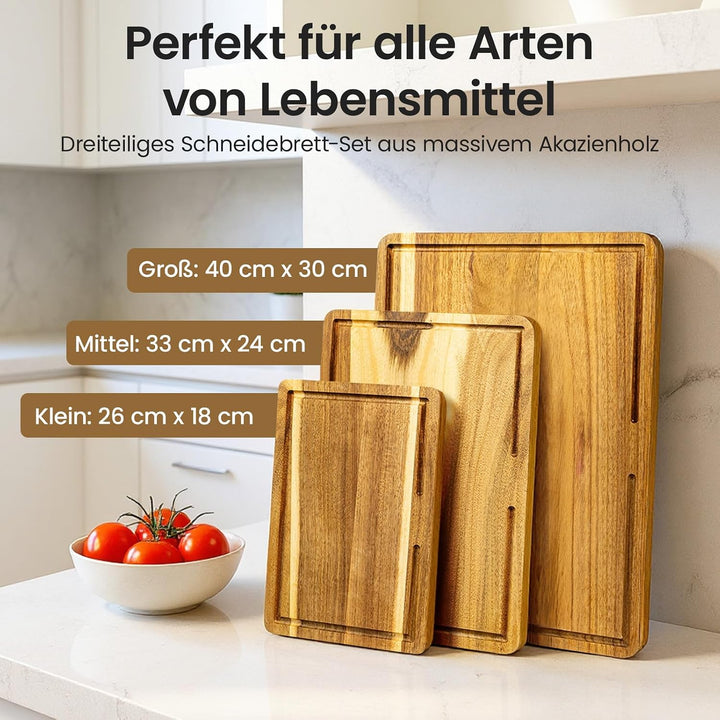 Youyijia Schneidebrett Holz 3er Set aus Akazienholz mit Ständer, Schneidebretter in 3 Grössen, Küche