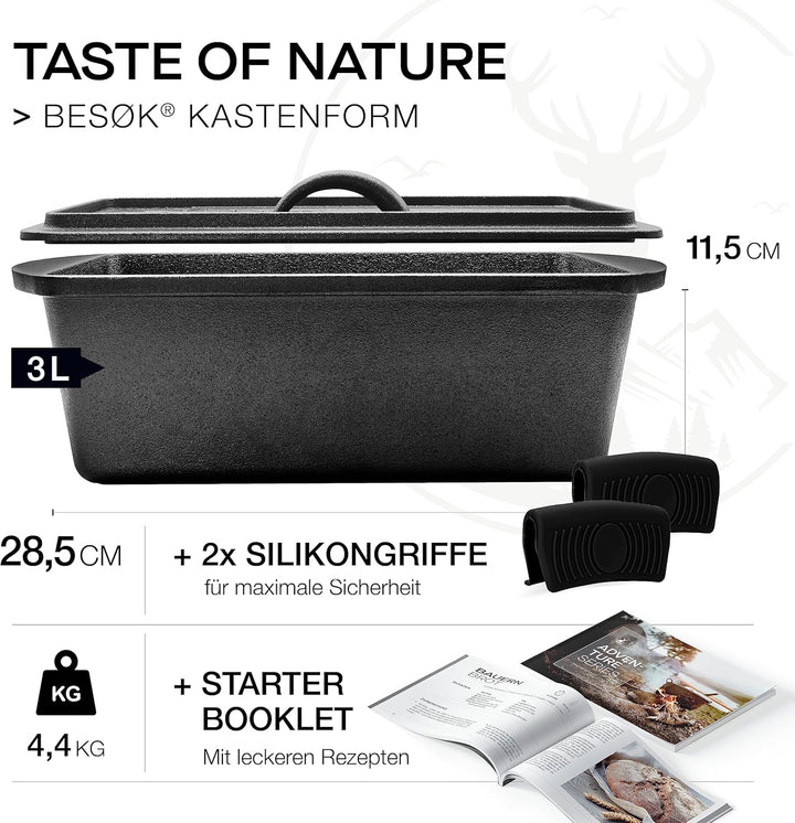 besok Brotbackform mit Deckel inkl. Rezeptheft - 28cm Gusseisen Backform Brot backen Zubehör - Kaste