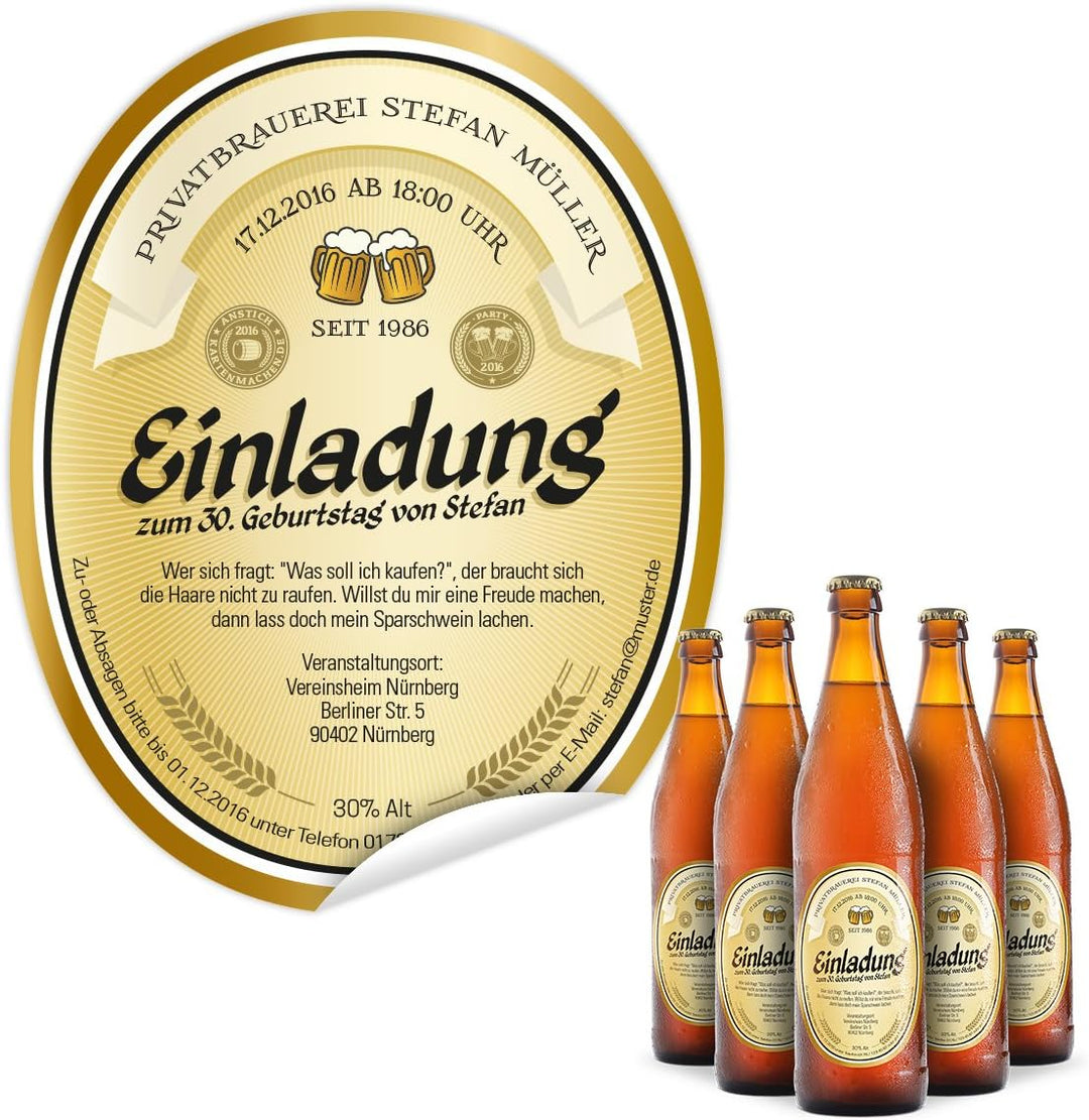 Flaschenetikett als Einladung (10 Stück) - Bier in Gelb – Bieretikett für Bierflaschen